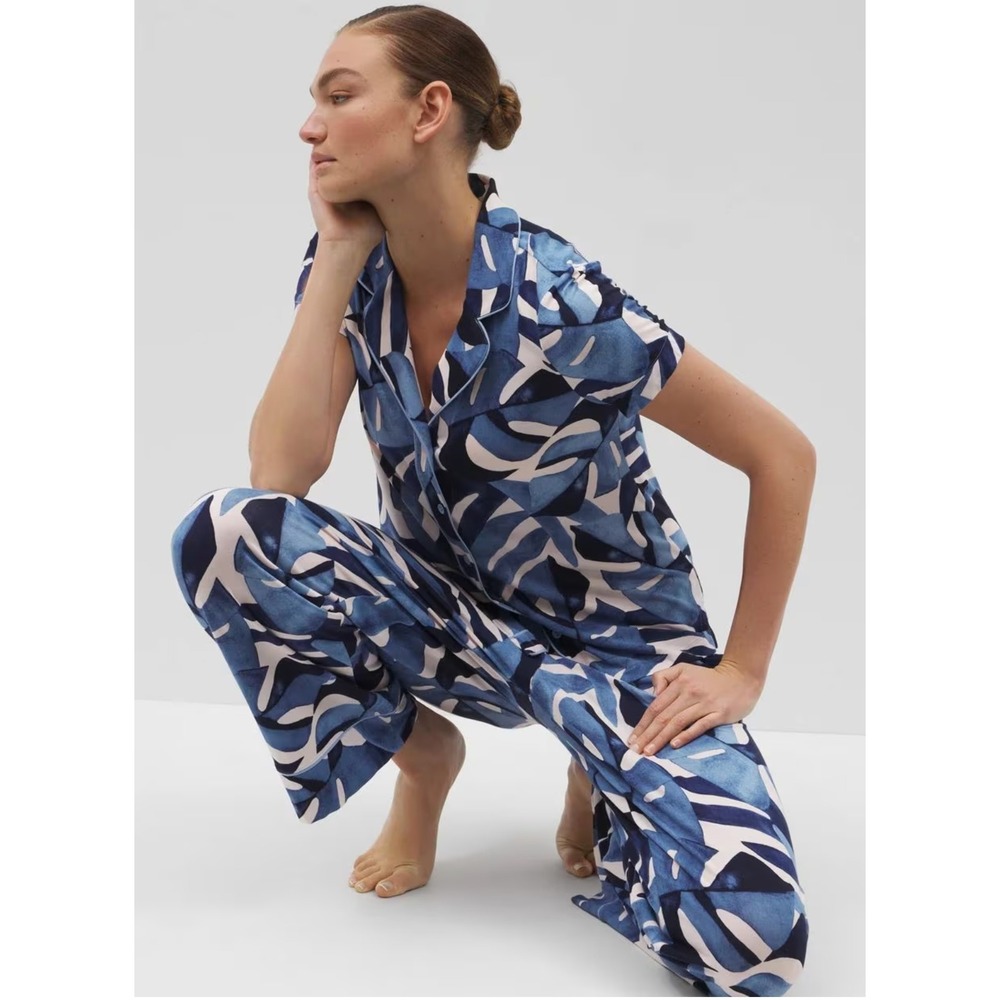 Soma Cool Nights Piped Short Sleeve Notch Collar Pajama Set Tropical Blue Size M - Picture 2 of 16